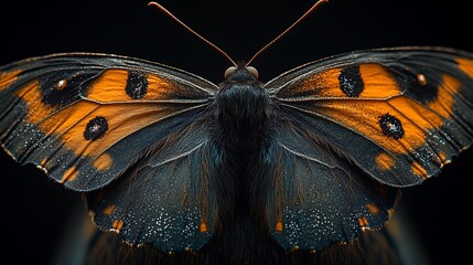 Stunning closeup of a butterfly with orange and black wings on a dark background.