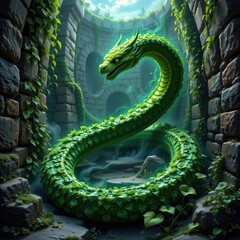 A large, mystical green serpent with dragon features coils in an overgrown, ancient stone ruin illuminated by soft sunlight.