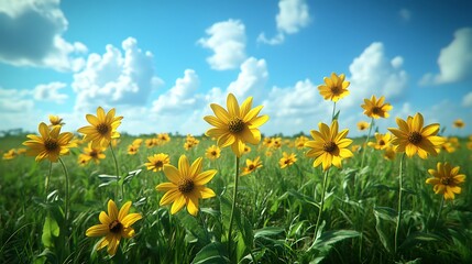 Sunny Yellow Wildflowers in Meadow Under Blue Sky with Summer Landscape.