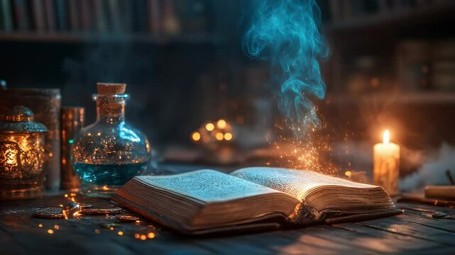 Mystic Still Life: Ancient Book, Elixir, Candlelight and Ethereal Smoke