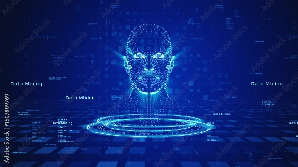 Poster futuristic ai human face composed of data points and binary code, symbolizing machine learning, auto