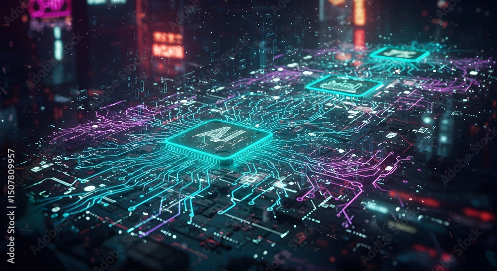 Wall mural artificial intelligence circuit board network technology future innovation system design on transpar