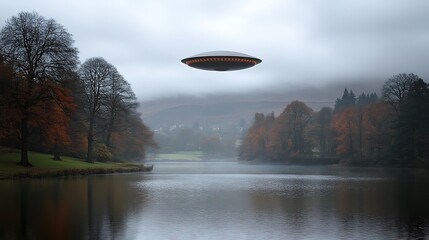 UFO over Scottish Loch Alien spaceship hovering over misty autumn landscape.