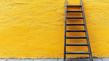 Wooden Ladder Against Bright Yellow Wall with Concept of Achievement  Growth.