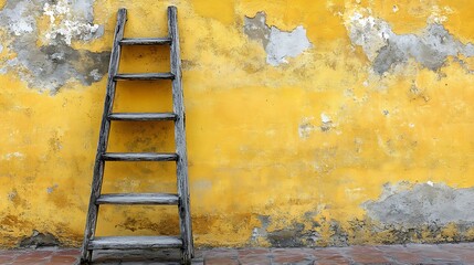 Wooden ladder against yellow weathered wall with concepts of growth, and overcoming challenges.