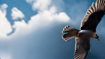 Peregrine falcon with dark wings in flight, soaring among the clouds in sky, bird migration during daytime