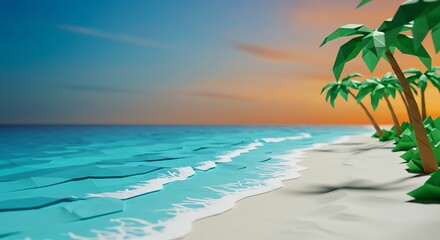 Obraz premium Low Poly Tropical Beach at Sunset 4K