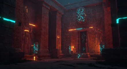 Naklejka premium Ancient Temple Interior with Hieroglyphs and Glowing Lights