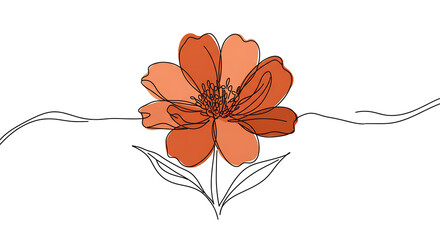 Elegant Single Line Drawing of a Terracotta Flower with Leaves Minimalist Botanical Art Illustration
