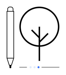Pen beside a geometric tree shape and slider dots. Ideal for creativity, design, environment, minimalism, ecology, simplicity, innovation, and a simple landing page