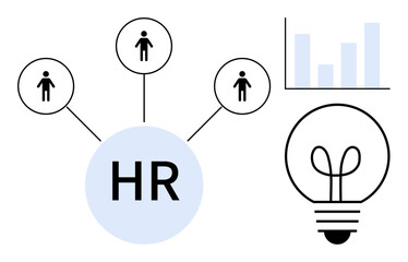 Centralized HR connecting team members, analytics bar chart, and innovation light bulb. Ideal for teamwork, management, recruitment, analytics, solutions ideas leadership. Flat simple metaphor