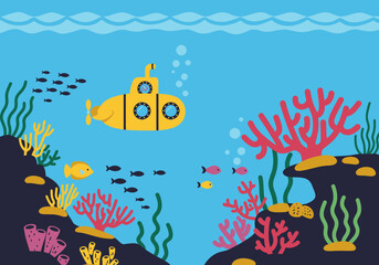 Naklejka premium Underwater World with Yellow Submarine and Colorful Coral Reef