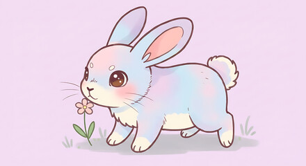 Obraz premium Adorable Pastel Bunny Rabbit Hopping Near Flower Cute Cartoon Illustration