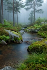 Obraz premium Misty Forest Stream With Rocks And Trees