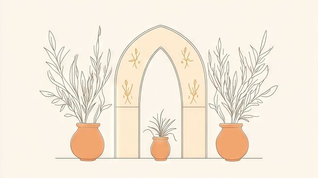 minimalist archway with plants in terracotta pots clip art preview