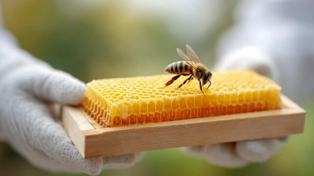 Honeybee at Work: A close-up shot captures a diligent honeybee perched on a meticulously crafted honeycomb, held gently in gloved hands. This image evokes a sense of natural harmony, dedication.