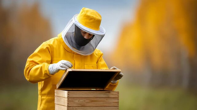 Beekeeper Inspecting Hive: A beekeeper in protective gear attentively inspects a wooden beehive in the field of golden season, showcasing the meticulous craft of apiculture.