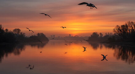 Obraz premium Serene Sunset over Calm River with Silhouetted Birds in Flight