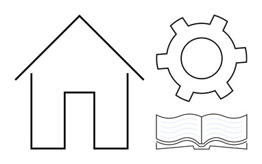 House outline, gear, open book as abstract concepts of home, technology, education. Ideal for learning tools, tech innovation, home services, knowledge sharing productivity tools brainstorming