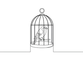 Bird in a cage drawing. This black and white outline depicts a small bird perched inside a cage, symbolizing captivity, confinement, or a pet bird. Vector sketch line art draw.