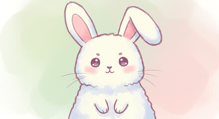 Fototapeta premium Adorable White Bunny Rabbit Illustration Cute Cartoon Animal Drawing Pastel Colors Background
