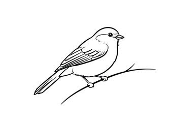 Bird on a branch drawing. This black and white outline shows a small bird perched calmly on a branch, a common and peaceful scene in nature. Vector sketch line art draw.