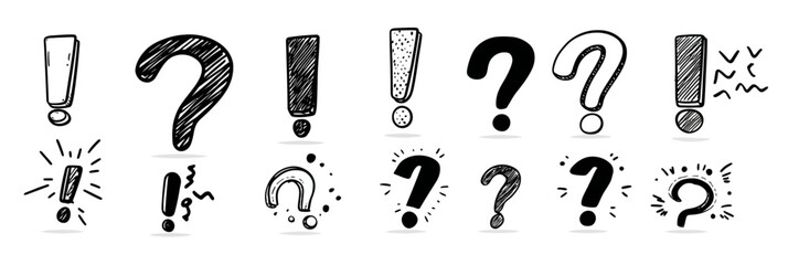 Hand Drawn Doodle Exclamation Point and Question Mark Set Sketch Style Vector Illustration