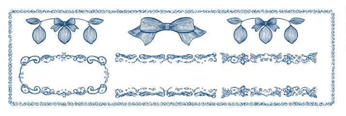 Vintage Blue Doodle Lemon, Wave, and Bow Frames � Minimalist Mediterranean Line Art Borders Vector