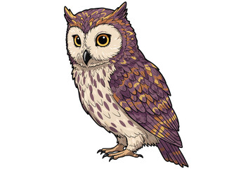 Naklejka premium Color owl drawing. This full-color illustration depicts a detailed owl, showcasing its intricate feather patterns and large, watchful eyes. Vector sketch line art draw.