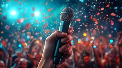 A talented performer gripping a microphone on stage captivating a lively and enthusiastic audience at a vibrant electrifying concert or festival event