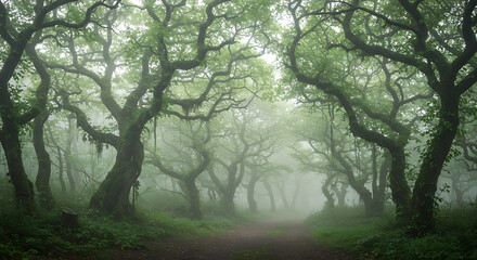 Enchanting Foggy Forest Path Mystical Green Trees Lush Undergrowth Serene Nature Scene