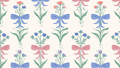 Hand-Drawn Floral Trellis Pattern with Bows � Elegant Botanical Seamless Print for Fabric, Wallpaper & Wrapping Paper