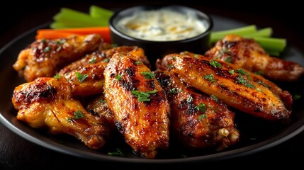 Spicy BBQ Chicken Wings with Appetizer, and Food.