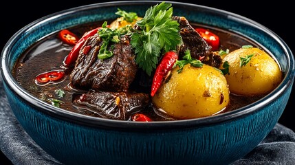 Spicy Beef Stew with Potato, Chili, and Food Photography.