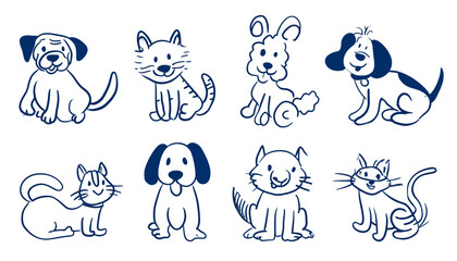 Fototapeta premium Funny Pets Vector Illustration � Dogs and Cats in Trendy Flat Simple Linear Style, Mascots and Cartoon Characters, Friendly Stickers and Badges for Advertising and Social Media