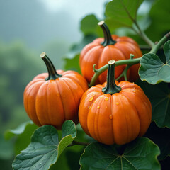 Three ripe pumpkins with water droplets on a green plant background