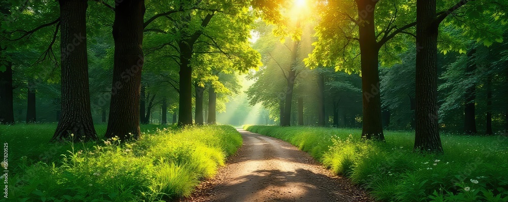 Canvas Prints sun-dappled path winding through a lush park forest, trees creating a natural canopy overhead peacef