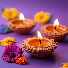 Illuminated clay lamps with flowers on a purple background.