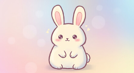 Adorable White Bunny Rabbit Kawaii Cartoon Illustration Pastel Background