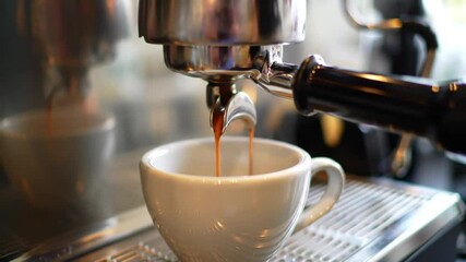 Making espresso: a close up of fresh coffee brewing with an espresso machine at home or cafe video 4k