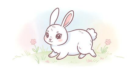 Obraz premium Adorable White Bunny Rabbit in Spring Meadow Cute Cartoon Illustration