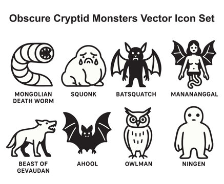Obscure Cryptid Monsters Vector Icon Set &ndash; Surreal Minimalist Line Art in Black and White

