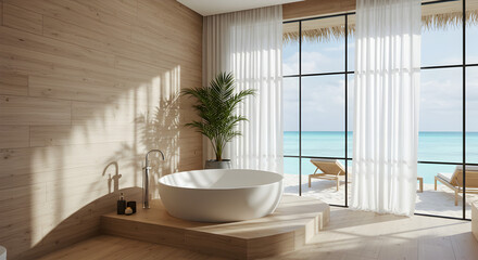 Bright Modern Bathroom with Ocean View Bathtub Interior Design in Beige Tones