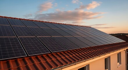 Modern residential roof with solar panel installation, sustainable energy generation, renewable power solution, eco-friendly home improvement at sunset, clean energy technology