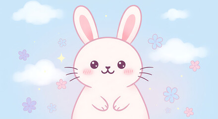 Fototapeta premium Adorable Pink Bunny Rabbit in Pastel Sky with Flowers Kawaii Style Illustration