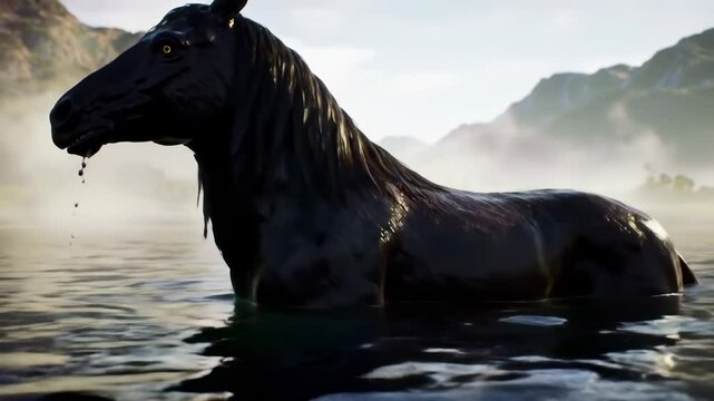 Black horse swimming in misty lake