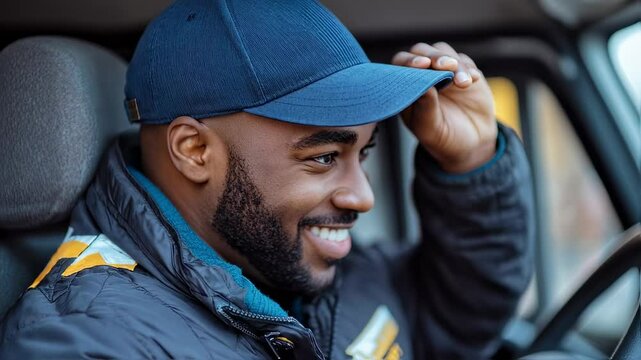 Cheerful delivery driver adjusting his cap inside the vehicle before starting shift