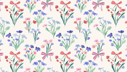 Fototapeta premium Vector Floral Seamless Pattern with Bows and Ribbons, Preppy Spring Summer Hand Drawn Flowers, Cute Modern Print for Fabric, Wallpaper, Wrapping Paper
