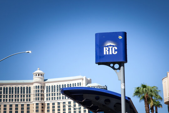 LAS VEGAS, AUGUST 21, 2024: RTC logo on a Las Vegas bus stop. RTC, or regional transportation commission of southern nevada is the transport authority and agency of south nevada.