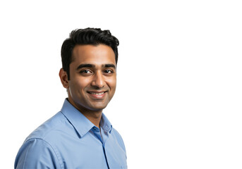 Portrait of a young Indian man smiling confidently. Handsome South Asian male professional in a blue shirt, isolated on a transparent background with copy space.